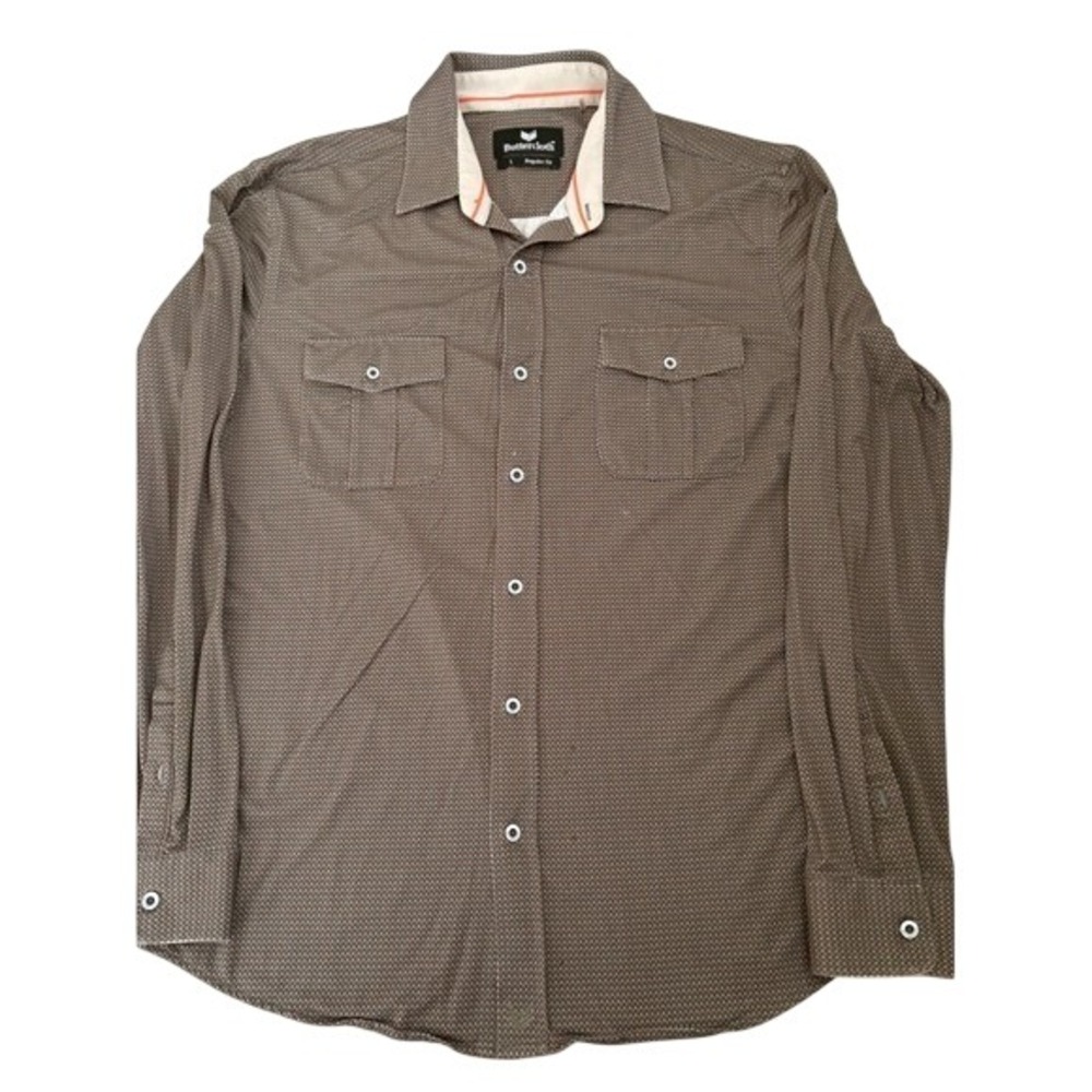 Buttercloth Mens Large Regular Fit Long Sleeve Button Down Brown Geometric Shirt